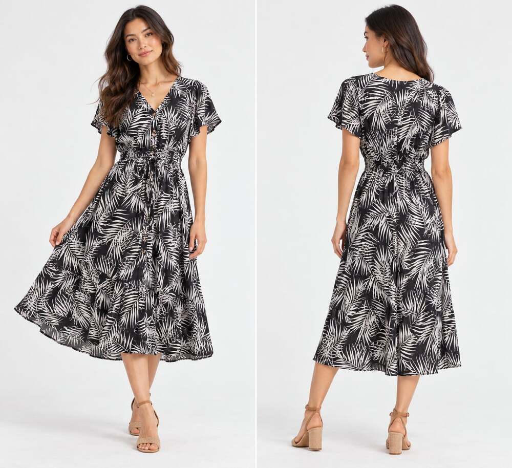Bohme womens XS Black white Tropical Button Front casual summer Midi Dress NEW